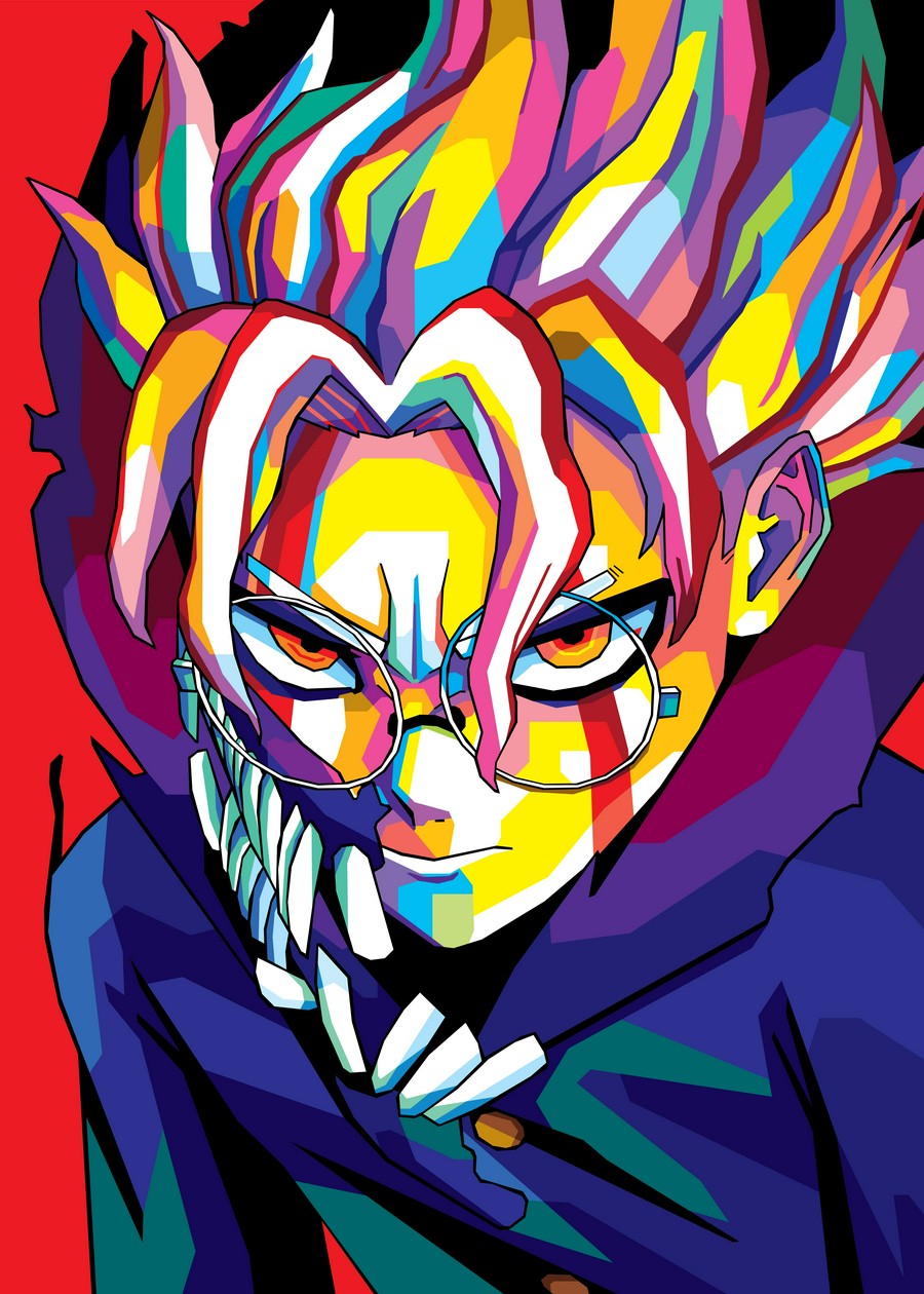 A bold and colorful WPAP-style illustration of Okarun from Dandadan. The artwork features sharp geometric shapes and vibrant tones, capturing his dynamic personality and intensity in a striking, modern pop-art aesthetic.