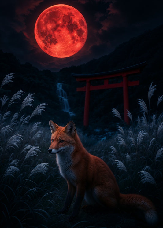 Wolf near Torii Gate, Japanese night