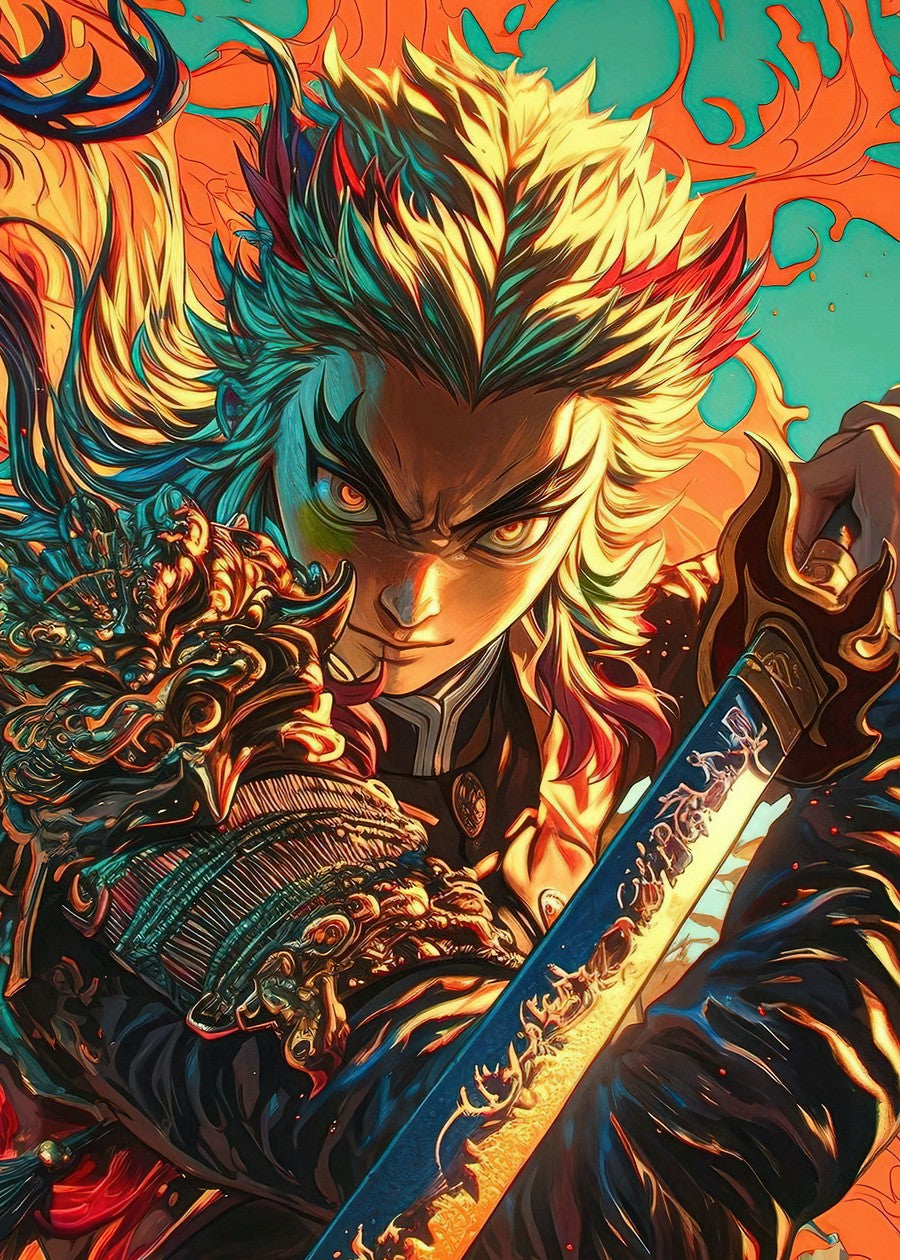 Kyojuro Rengoku with sword, vibrant colors, sculptural effect, intense expression.