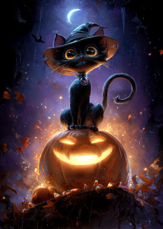Black Cat Sitting on Pumpkin