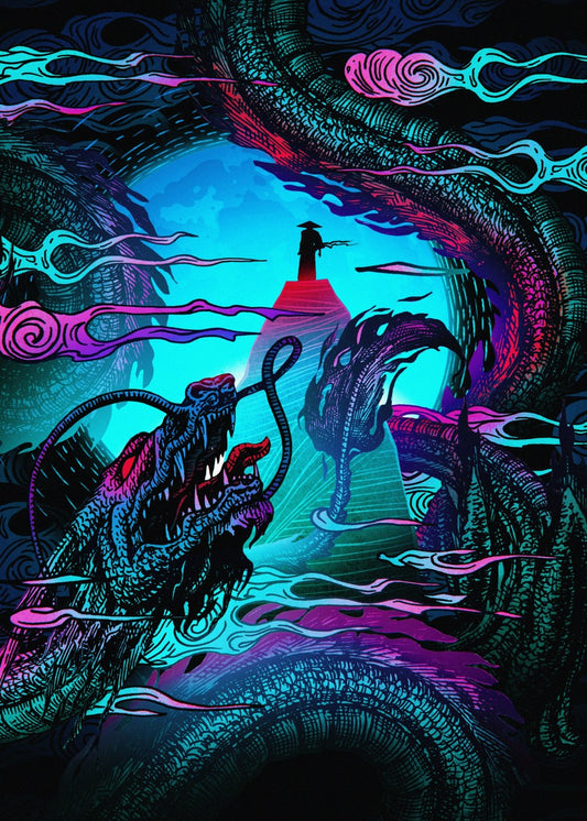 Neon Dragons and Lone Figure