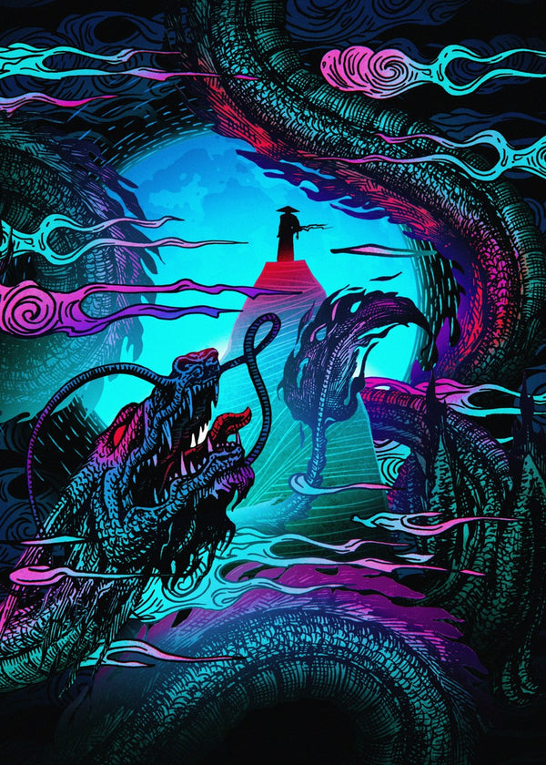 Neon Dragons and Lone Figure