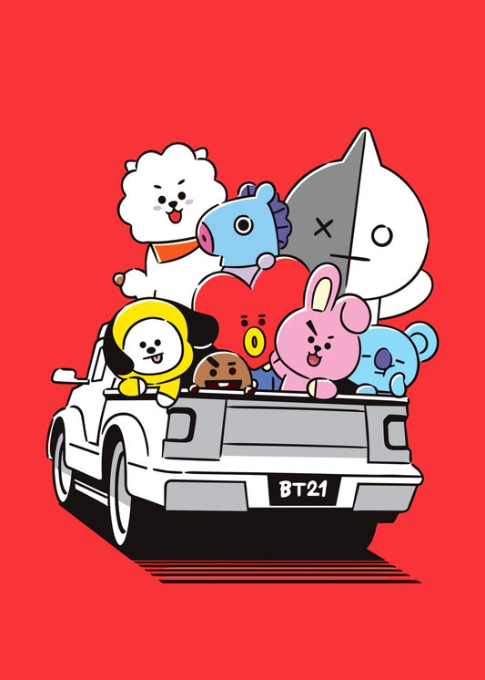 BT21 characters in a truck