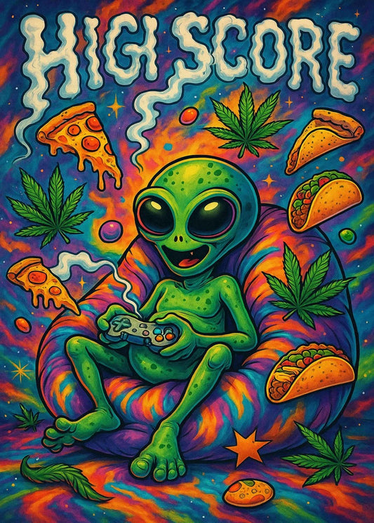 Green Alien playing with high score