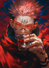 A captivating illustration of Sukuna from Jujutsu Kaisen, confidently holding a wine glass with a sinister smirk. The artwork’s dominant red tones highlight his menacing presence, while his eyes burn with a fiery red intensity, radiating evil and overwhelming power.