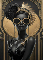 A stunning Art-Deco inspired portrait of a bold and beautiful woman, with black and gold accents. The modern design captures her elegance and strength, blending classic fashion elements with contemporary flair in a striking and fashionable aesthetic.