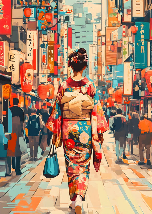 Woman in Kimono on City Street