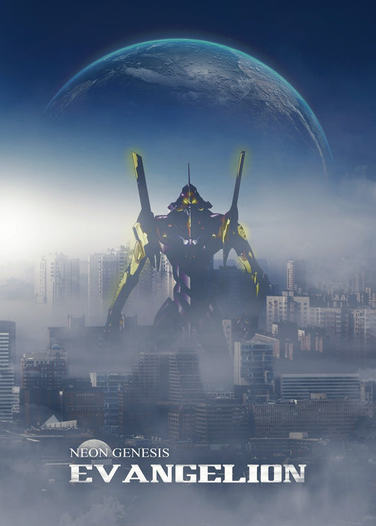 A highly detailed and realistic illustration of a towering mecha standing amidst skyscrapers, with a massive planet looming in the sky. The artwork embodies a futuristic sci-fi aesthetic, rich in intricate details and cinematic composition, resembling a striking movie poster.
