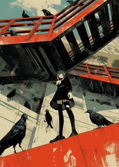 Girl, crows, and red bridge
