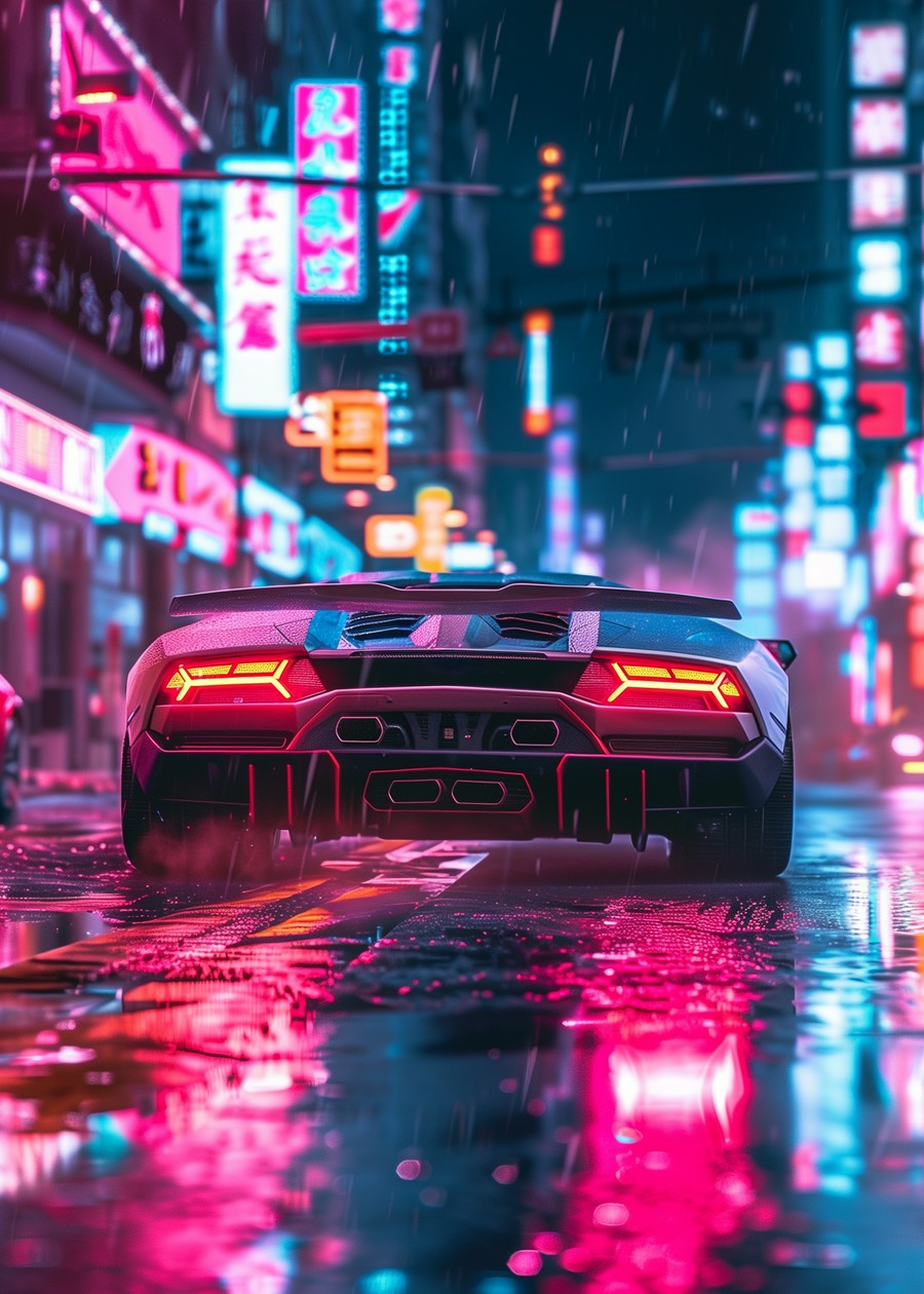  A neon-lit Lamborghini parked on a rainy street, with a cyberpunk vibe and vibrant neon reflections on the wet pavement.