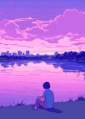 A girl sitting near a lakeside