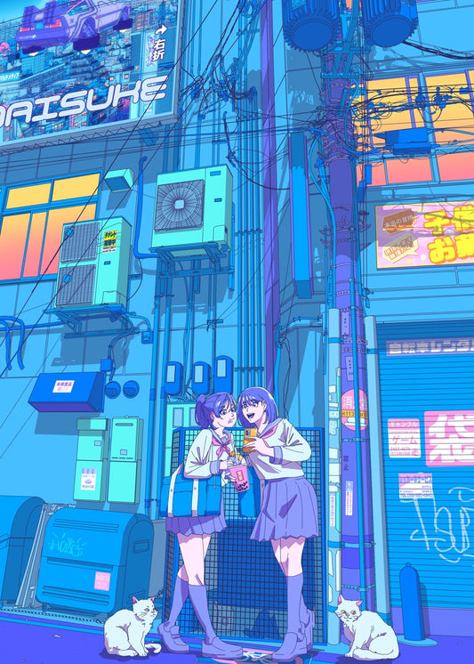 Evening tales of two girls and white cats along Japanese streets