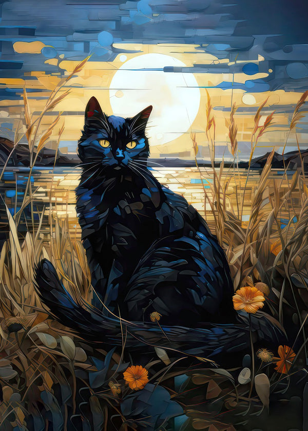 black cat painting gold moon