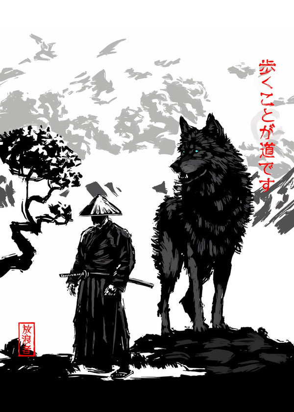 Samurai and wolf ink painting