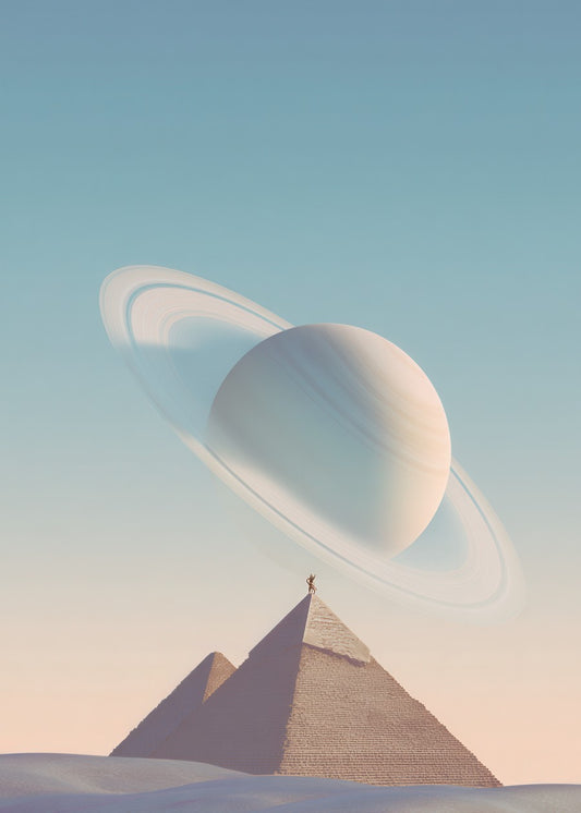 Saturn behind two pyramids 