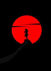 Samurai holding a katana under the red sun