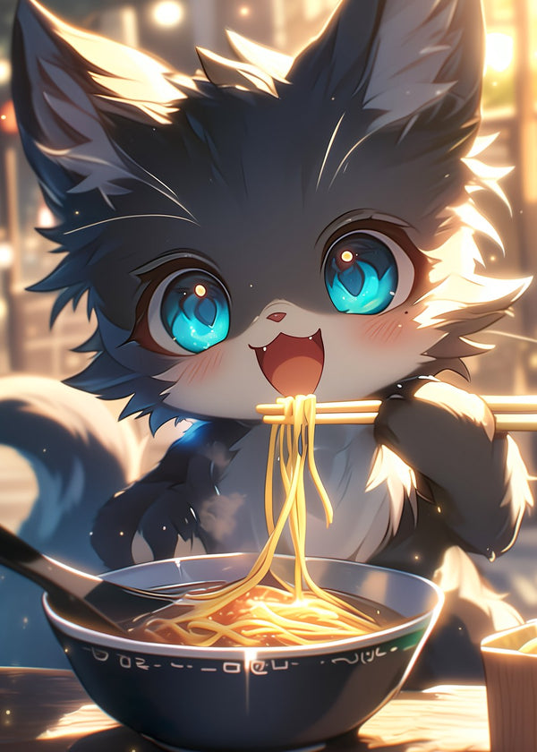 Noodle Feast with Fluffy Cat