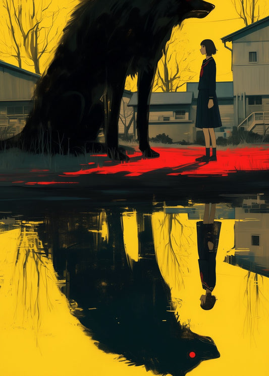 Girl and Giant Wolf Reflection