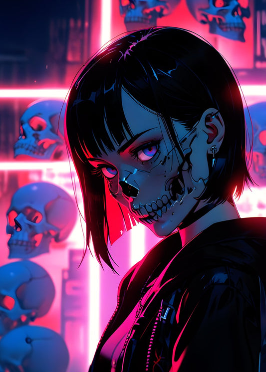 Neon Skull Girl in Darkness