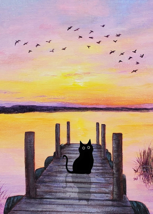 Dock painting of monet black cat 
