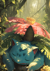  A serene metal poster featuring Venusaur peacefully sleeping in a lush forest. Soft green hues and gentle sunlight create a warm, tranquil atmosphere, capturing the beauty of nature and the calmness of the moment.
