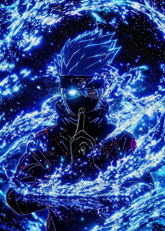 A powerful portrayal of Kakashi Hatake from Naruto, surrounded by flowing blue light energy. He strikes his iconic hand seal, with one eye glowing brightly and the other reflecting a sharp red hue. The contrast of colors creates an intense, oppressive atmosphere that emphasizes his strength. 