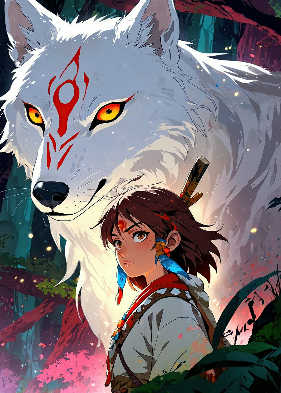  Princess Mononoke with a white tiger in the background, fierce eyes, bright and vibrant colors, anime style.

