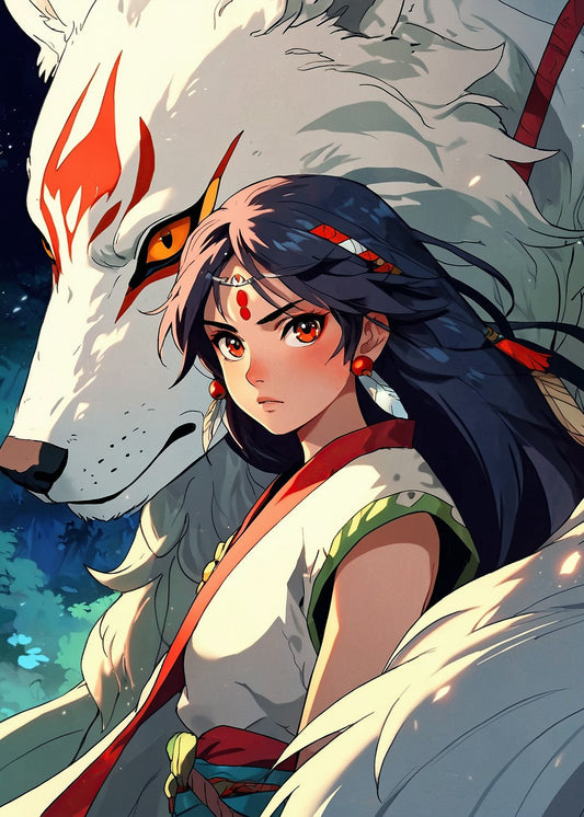 Princess Mononoke with a white tiger, determined expression, bright colors, anime style, power.