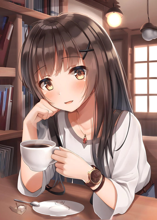 Anime girl drinking coffee