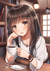 Anime girl drinking coffee