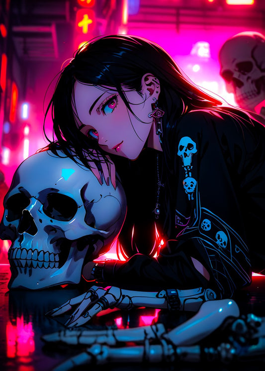 Goth Girl with Skull in Neon