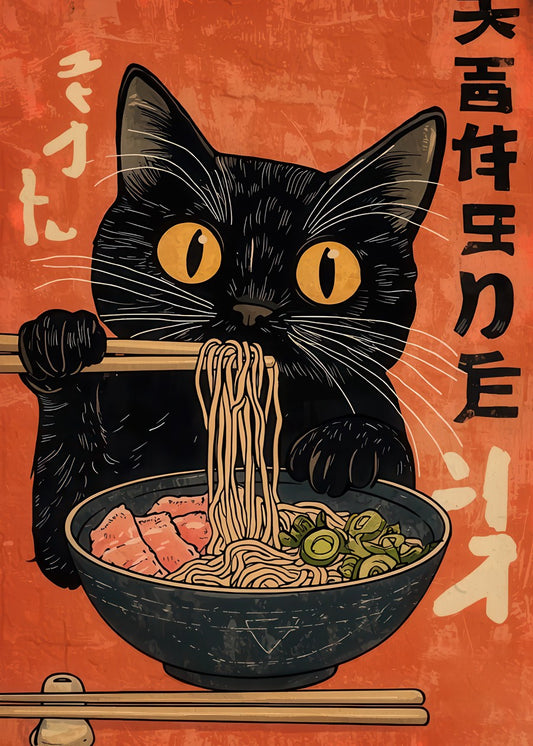 Black cat eating ramen