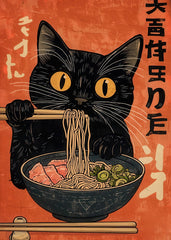 Black cat eating ramen