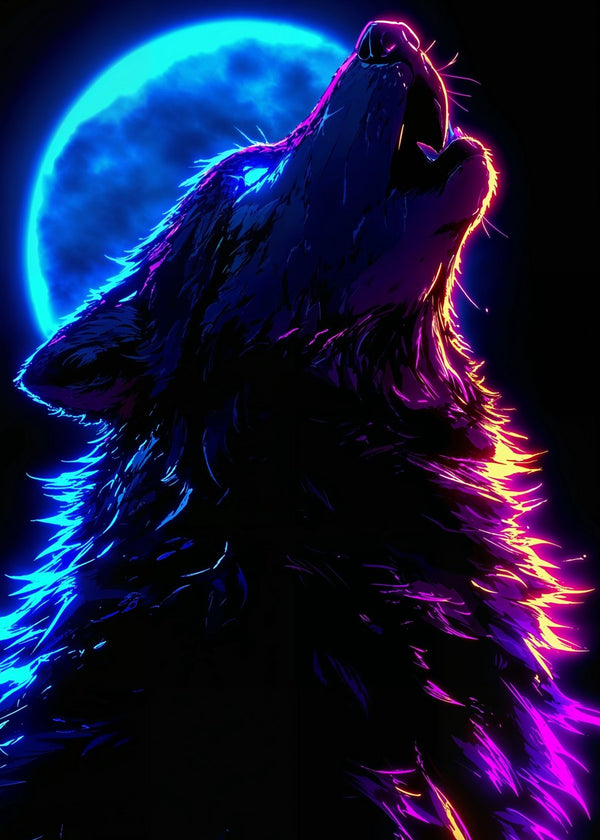 Neon Wolf Howling at Moon