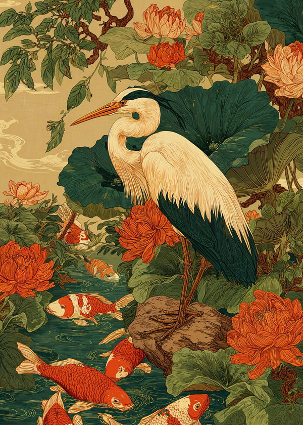 Crane by the Koi Fish Pond