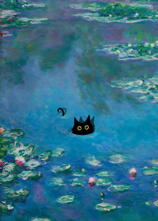 Black cat swimming in pond water lilies lake