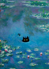 Black cat swimming in pond water lilies lake
