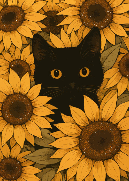 Black Cat in Sunflower Field
