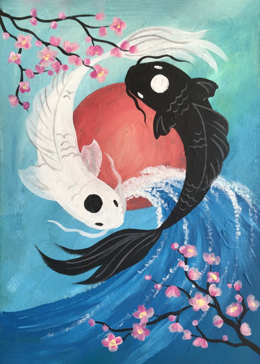 Yn Yang Koi Fishes with Cherry Blossoms