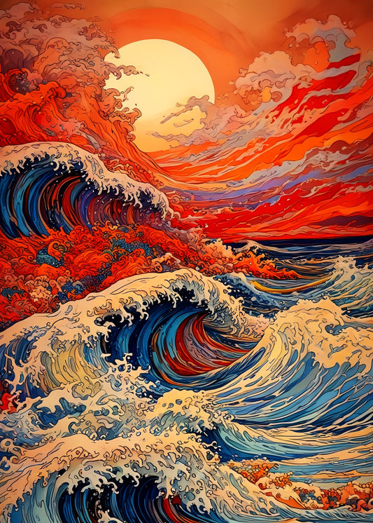 Ocean Waves and Sunset Art