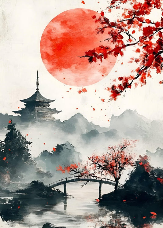 traditional japan and red sun
