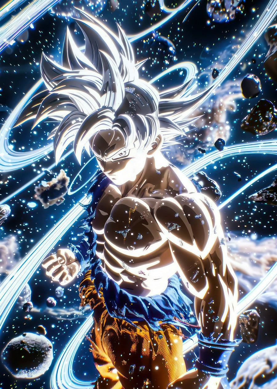 A powerful portrayal of Ultra Instinct Goku from Dragon Ball Z. The artwork showcases his muscular physique surrounded by radiant light, symbolizing his immense strength and transformation. Bright, intense lighting highlights his otherworldly power, creating a dynamic and visually stunning image. The energy and brilliance of the piece reflect Goku's mastery of Ultra Instinct and his relentless pursuit of power