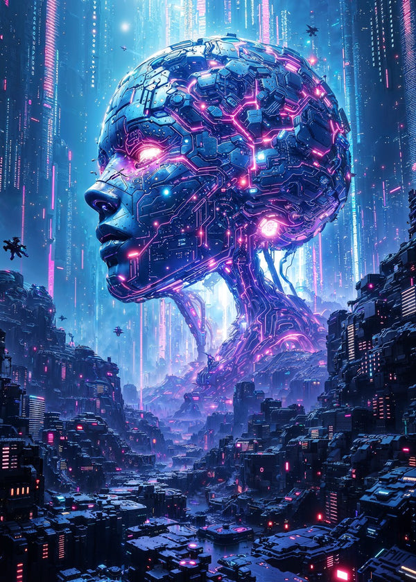 AI Colossus Over Neon City