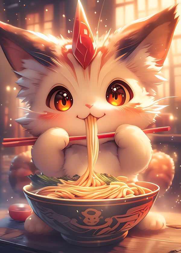 Noodle Feast with Fluffy Unicorn Cat