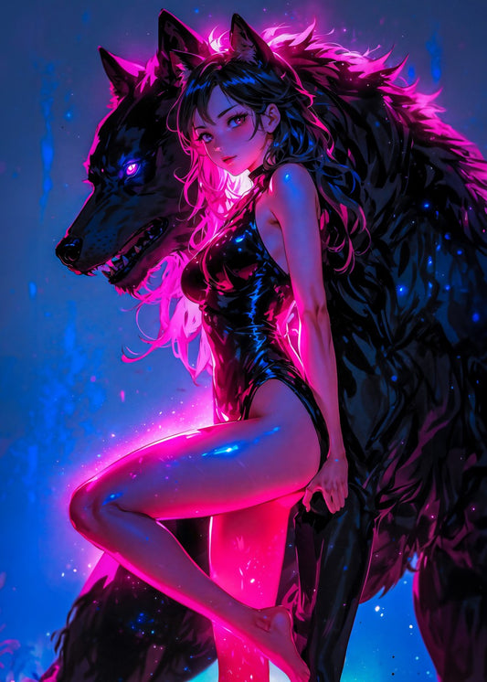 Fantasy Girl with her Black Wolf