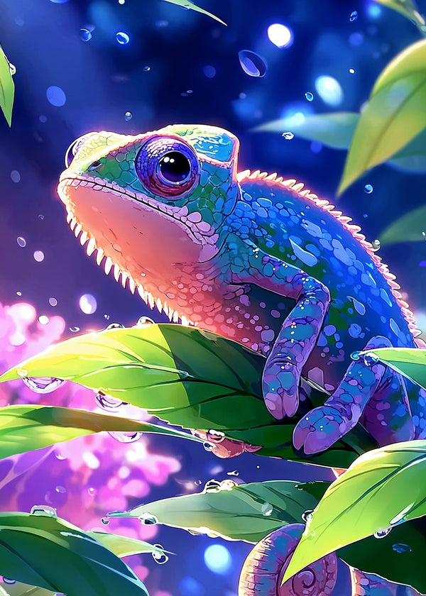 Chameleon Among Sakura Leaves