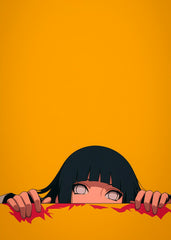 Hinata Hyuga peeking from the bottom with half of her face visible, against a yellow background, looking cute.