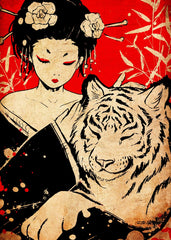 Japanese Geisha and white tiger