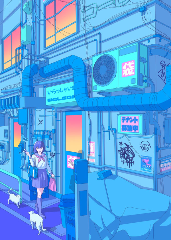 Walking night along Japanese street, vaporwave style