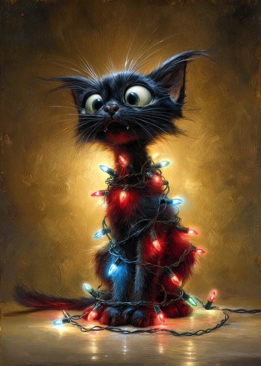 Curious Black Kitten Tangle With Lights